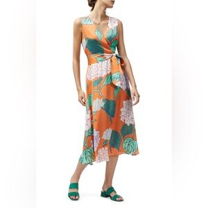 Lafayette 148 Tangerine,‎ Pocketed Tie Floral Sleeveless Midi Dress